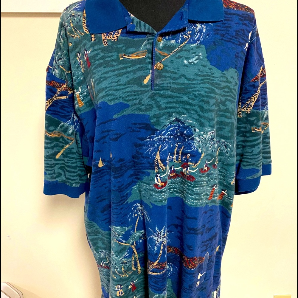 VINTAGE Island Fever Hawaiian collar vacation Art Deco colorful polo sz L